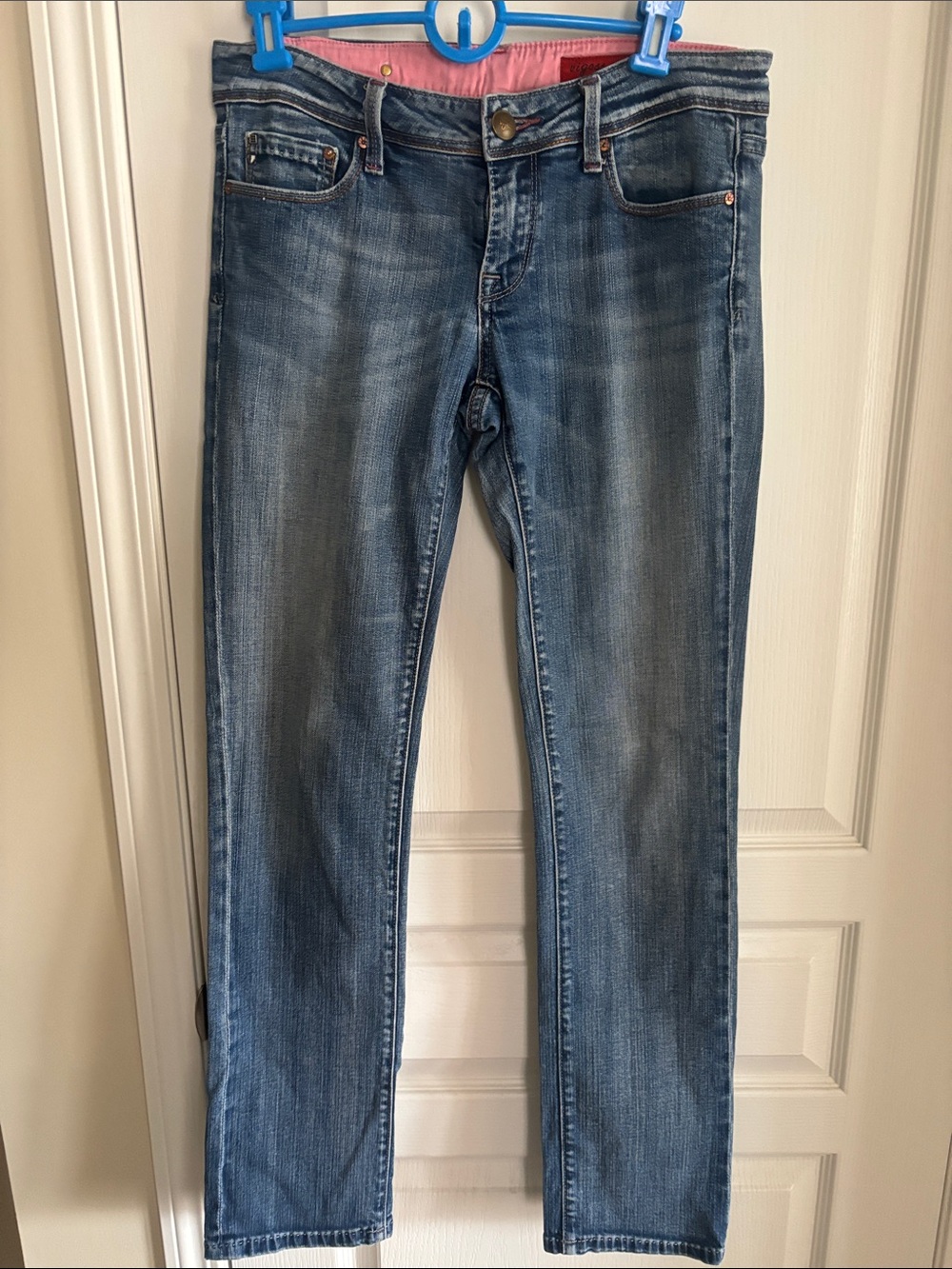 Vigoss Faded Blue Skinny Jeans with Pink Waistband Accent